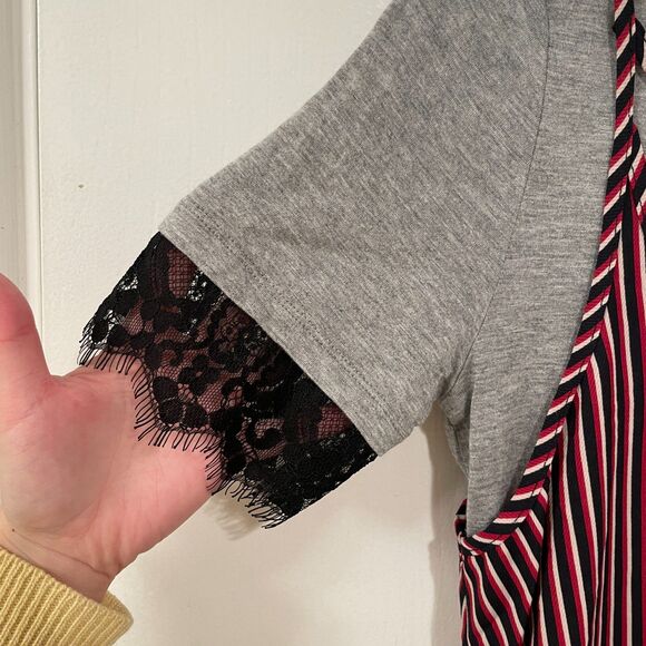 Hem & Thread Striped Mini Slip Overlay T-Shirt Dress Gray Red Small - Picture 5 of 10